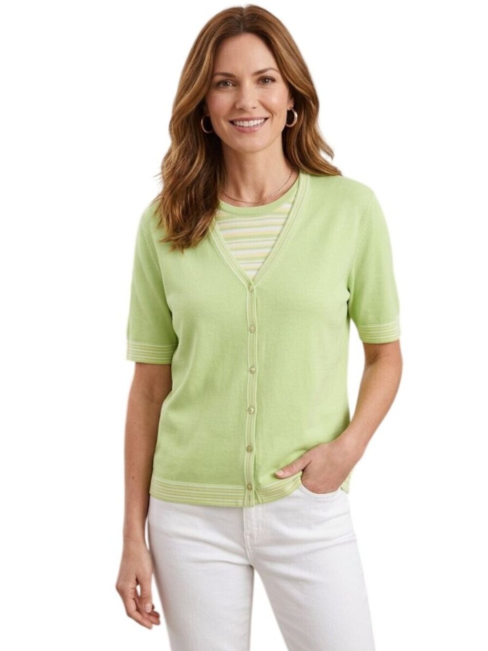 Talbots Vintage Spring Green Striped Sweater Twin Set Sustainable Cotton Size XL